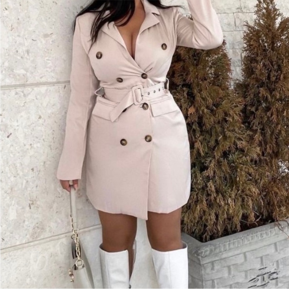 Beige Double Breasted Belted Blazer Dress